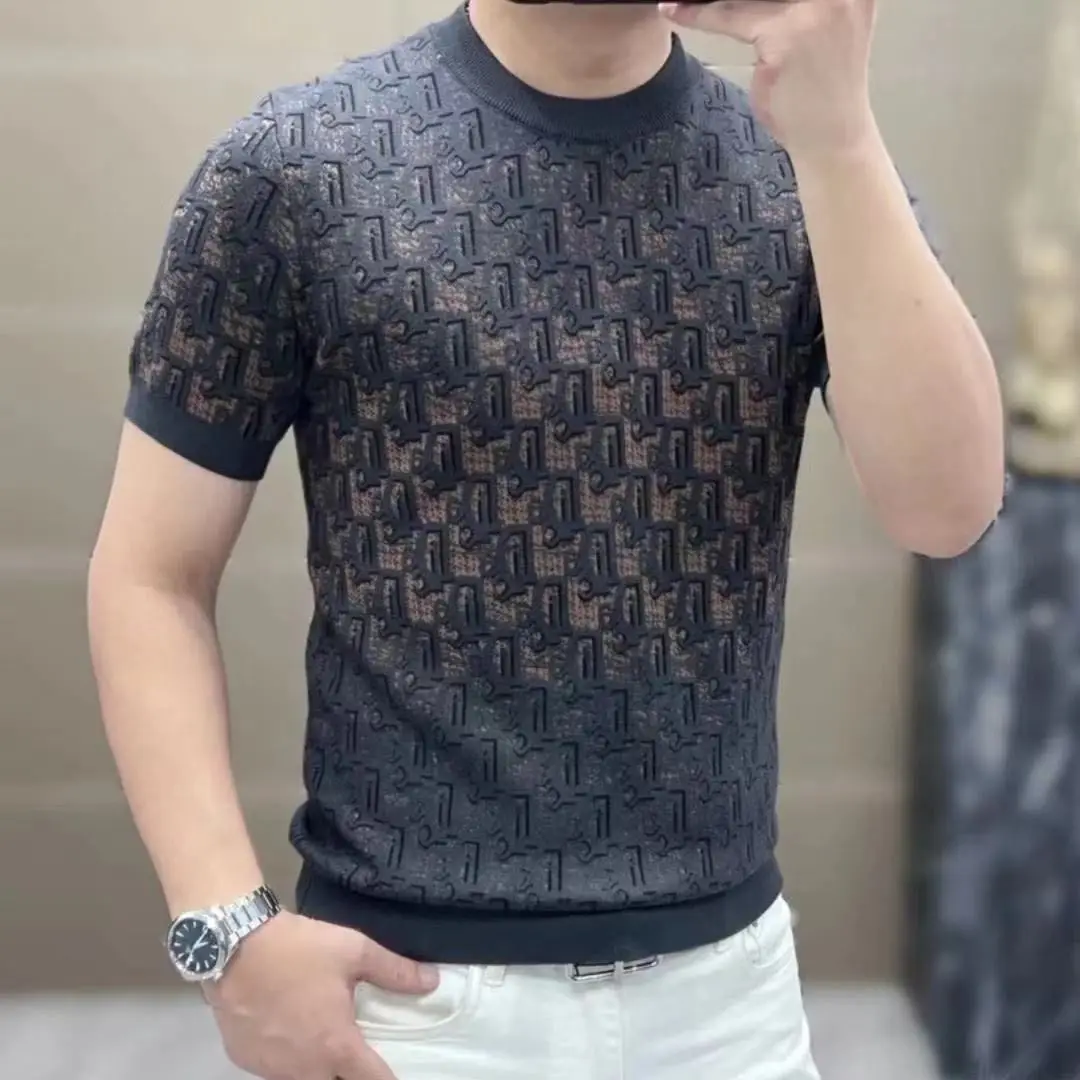 Men's half-sleeved T-shirt fashion summer trend handsome  short-sleeved jacquard knitted sweater new wasteland style