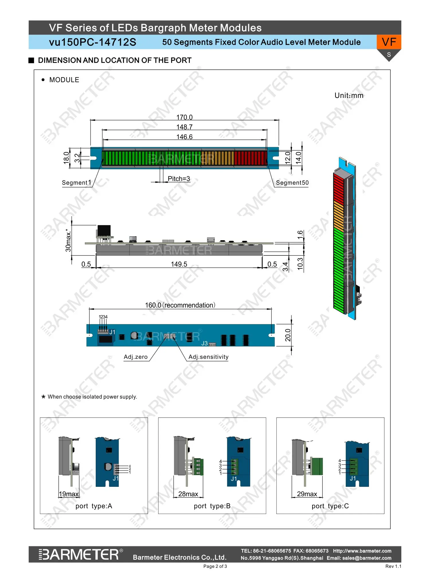 50seg 147mm LED Bargraph Module Audio Meter with Peak-hold function,Bar display or dot display mode can be set,40G+10Y+10R