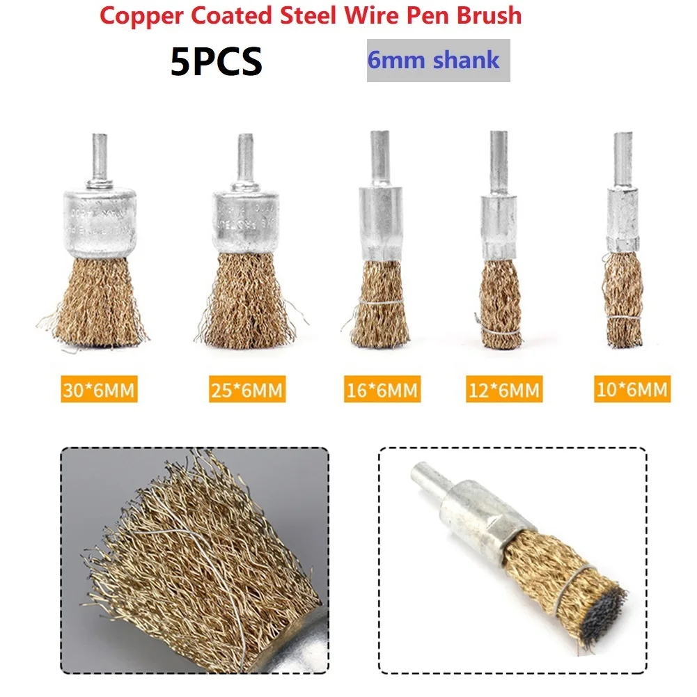 5pcs 10/12/16/25/30mm Head Diameter Copper Coated Steel Wire Brush With 6mm Shank For Remove Rust Polish Tile Hand Tool Brushes