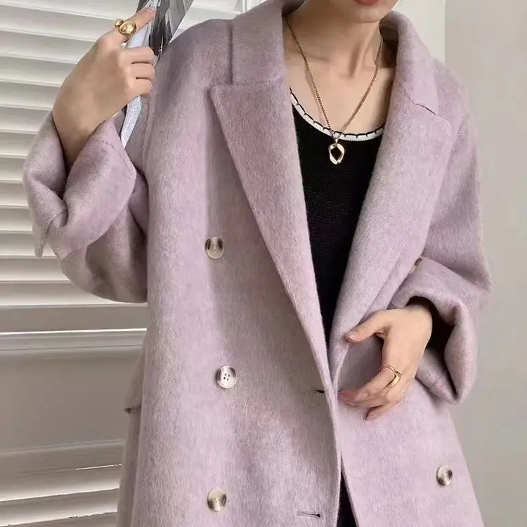 2023 autumn new high-end hand-sewn double-sided wool coat women's loose double-breasted woolen coat over the knee