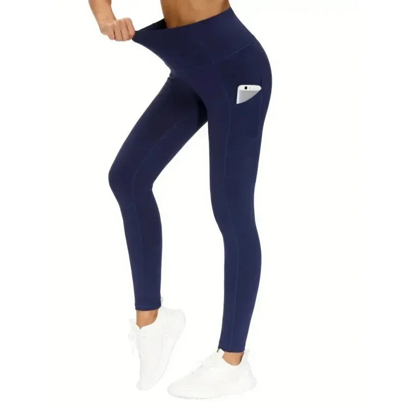 THE GYM PEOPLE Dikke yogabroek met hoge taille en zakken, buikcontrole workout hardloopyoga legging voor dames (medium, blauw)