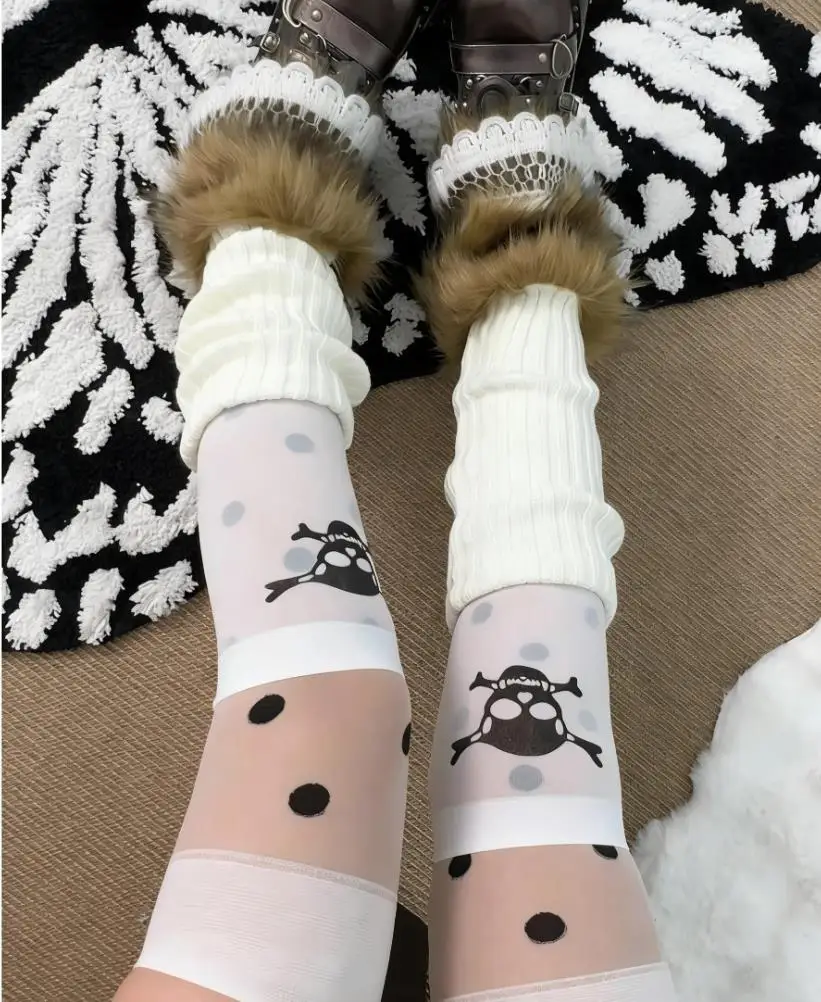 Y Demo Vintage Harajuku Polka Dot Suspender Stockings Sexy Layered Furry Leg Warmers Set