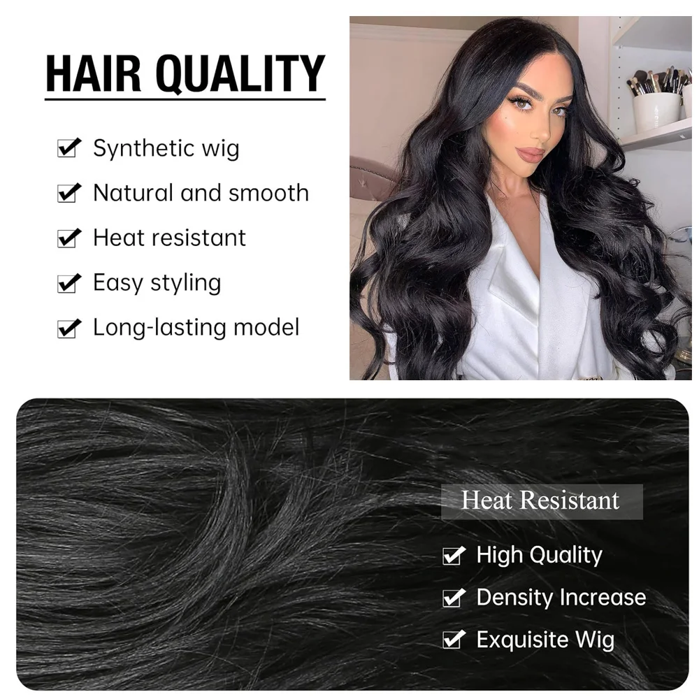 WIGNEE28 Inch Long Body Wave Wig Synthetic Hair Black Wigs for Women Tanie peruki na sprzedaż Wyprzedaż Włókno termoodporne Codzienne użytkowanie