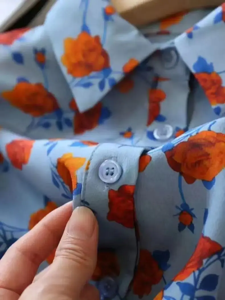 Lapel Long-sleeved Rose Print Versatile Shirt Regular Sleeve Button Splicing Elegant Cardigan