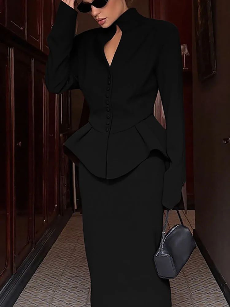 

Spring Stand Collar Button Blazer Jacket+Slim Skirts Set Commute Ladies Elegant Bodycon Outfit Autumn Long Sleeve Slim 2pcs Suit