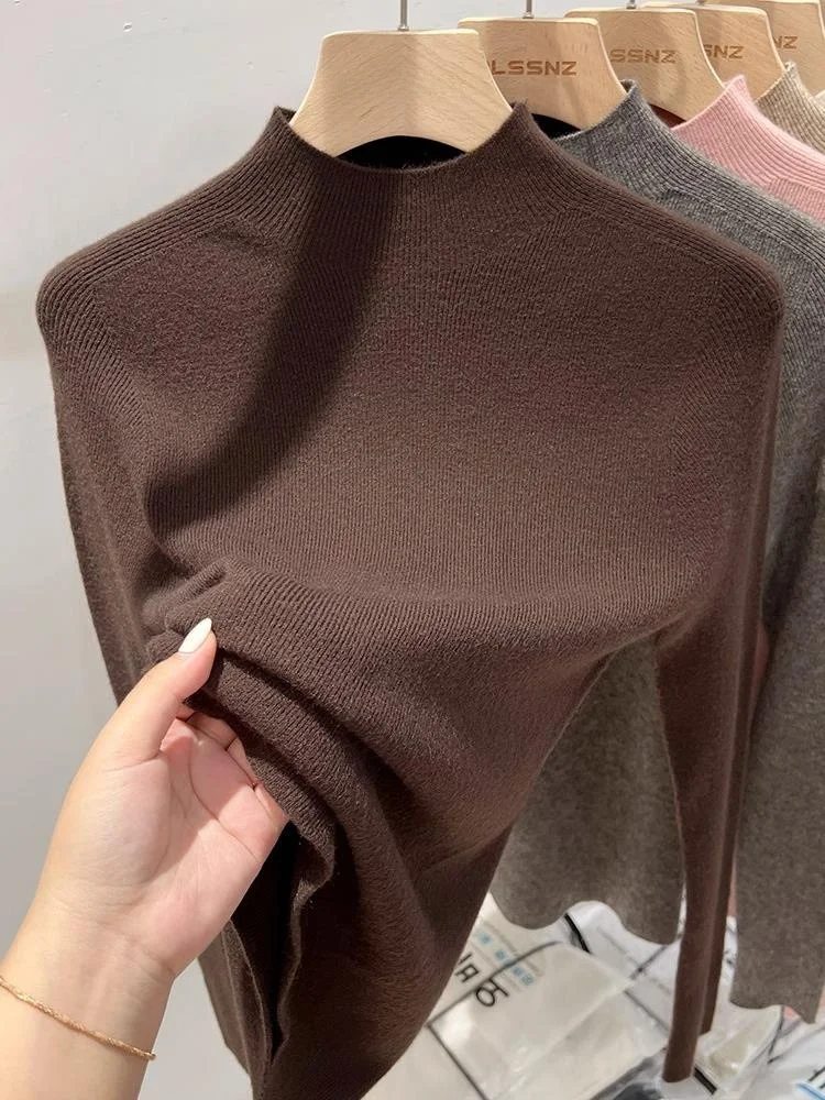 Suéter de Punto de Lana Suave para Mujer, Otoño Invierno, Cuello Medio Alto, Color Blanco, Ropa Interior, Ajuste Entallado, C...