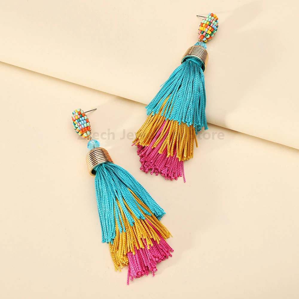 Fashion Ethnic Style Vintage Multicolor Decor Long Tassel Dangle Drop Earrings For Women Luxury Fairy Holiday Pendant Jewelry