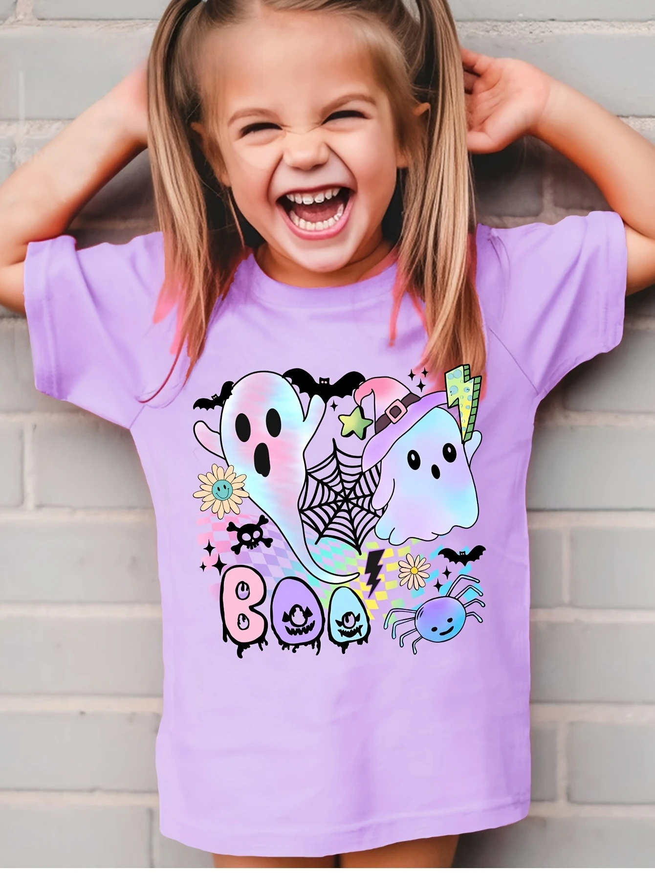 Item No.TD5185 Kids T-shirt, Halloween Cute Twin Ghost Spider Web Print, Round Neck Short Sleeve Unisex Boys Girls Casual Tops