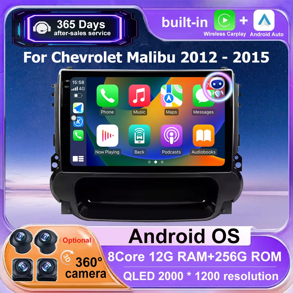 Radio Multimedia para Auto con Reproductor de Video, Navegación GPS, Pantalla Táctil QLED para Chevrolet Malibu 2012 - 2015, Android 16, Auto Carplay, DSP