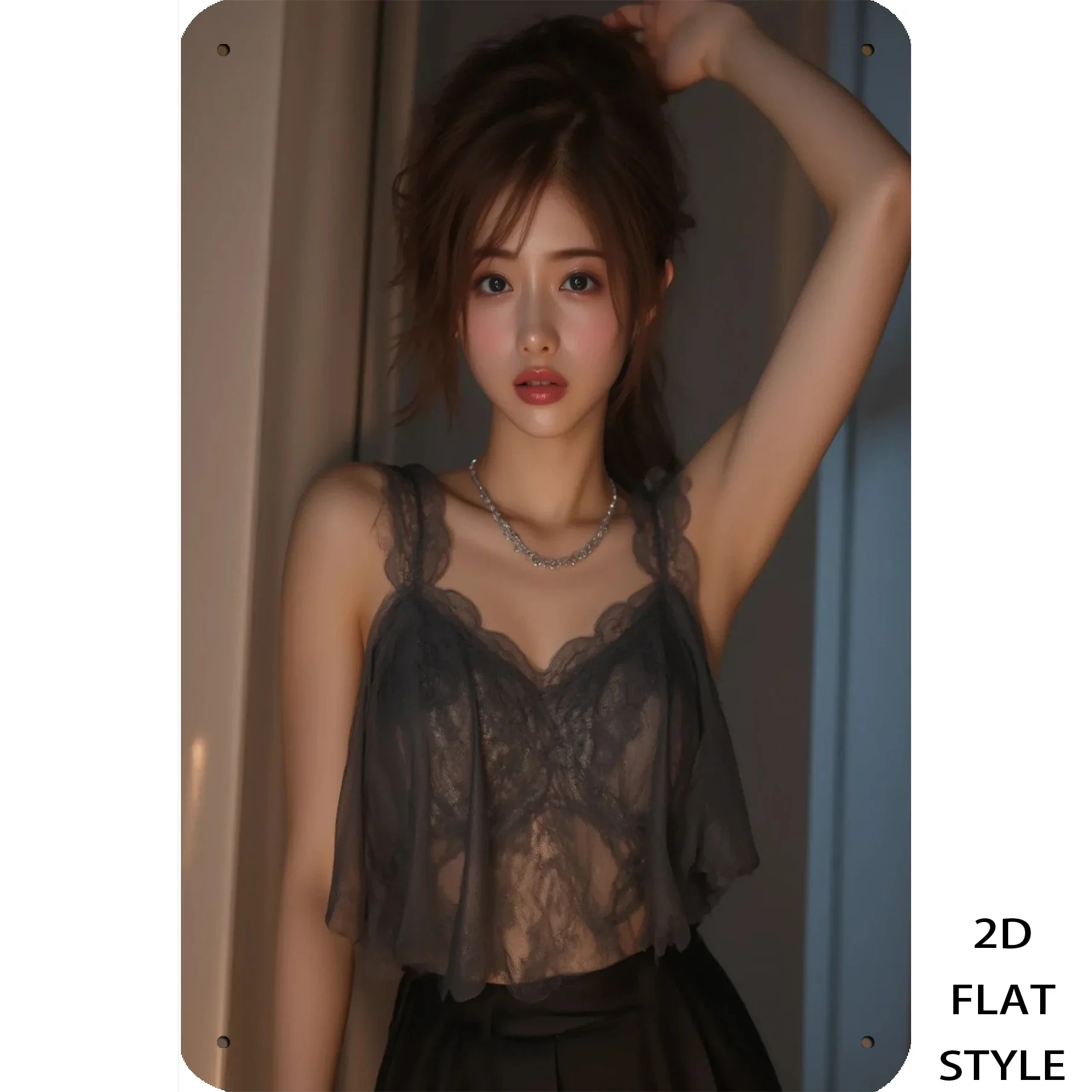 HD Metal Tin Sign, Elegant Asian Girl in Sheer Lace Cami Top Vintage Metal Poster, Aesthetic Wall Art Decor for Home Bar Man Cav