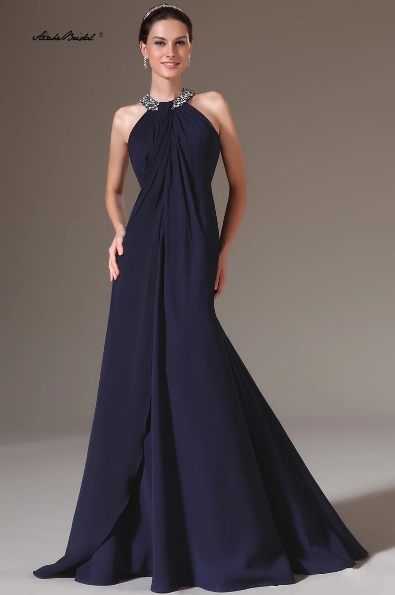

Navy Blue Chiffon Long Evening Dresses 2026 Halter Beaded Sleeveless Prom Dresses Gala Dress vestido de gala