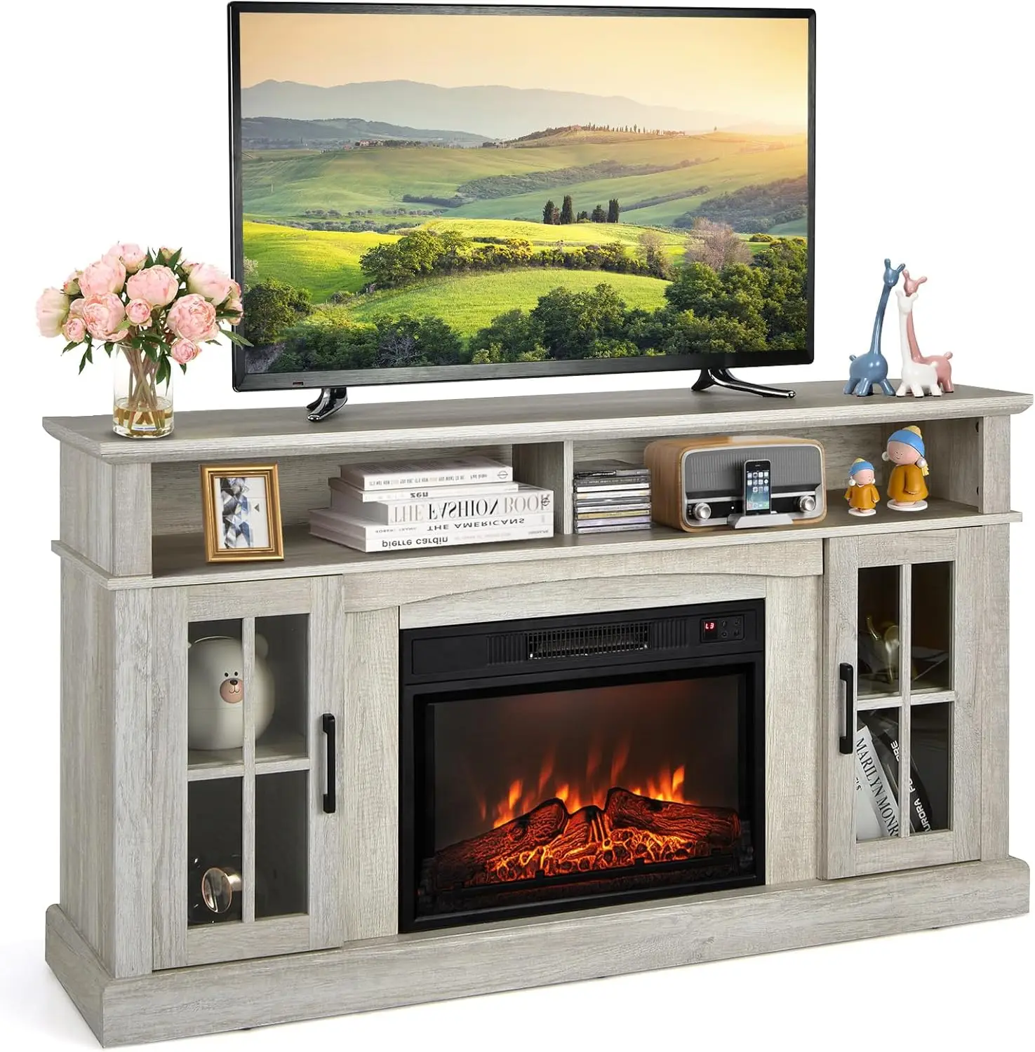 Fireplace TV Stand for TVs Up To 65 Inch Electric Fireplace TV Console W/Remote Control Overheat Protection Gray