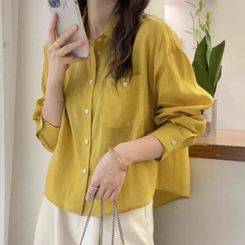 Spring Autumn New Solid Color Shirt Women POLO Collar Long Sleeve Fashion Button Cardigan Vintage Elegant Pocket All-match Tops