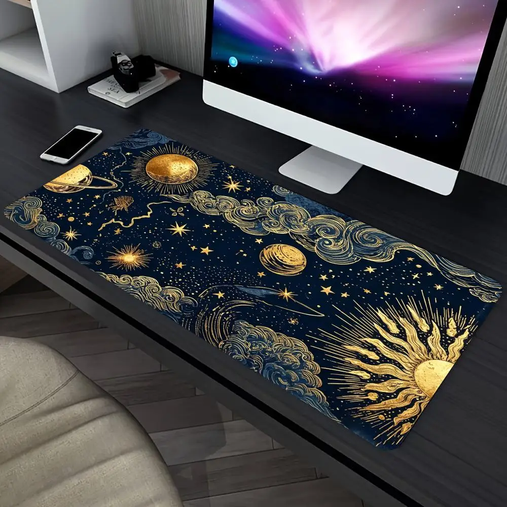 Retro Golden Celestial Large Extended Gaming Mouse Pad Non Slip Desk Surface Sun Moon Galaxy Print For Gaming And Office Desktop