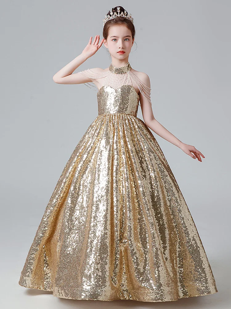 Girls Dresses gorgeous golden Sequin Beaded Sleeveless Ball Gown Flower Girl dress For Wedding Birthday Party Pageant Long dress