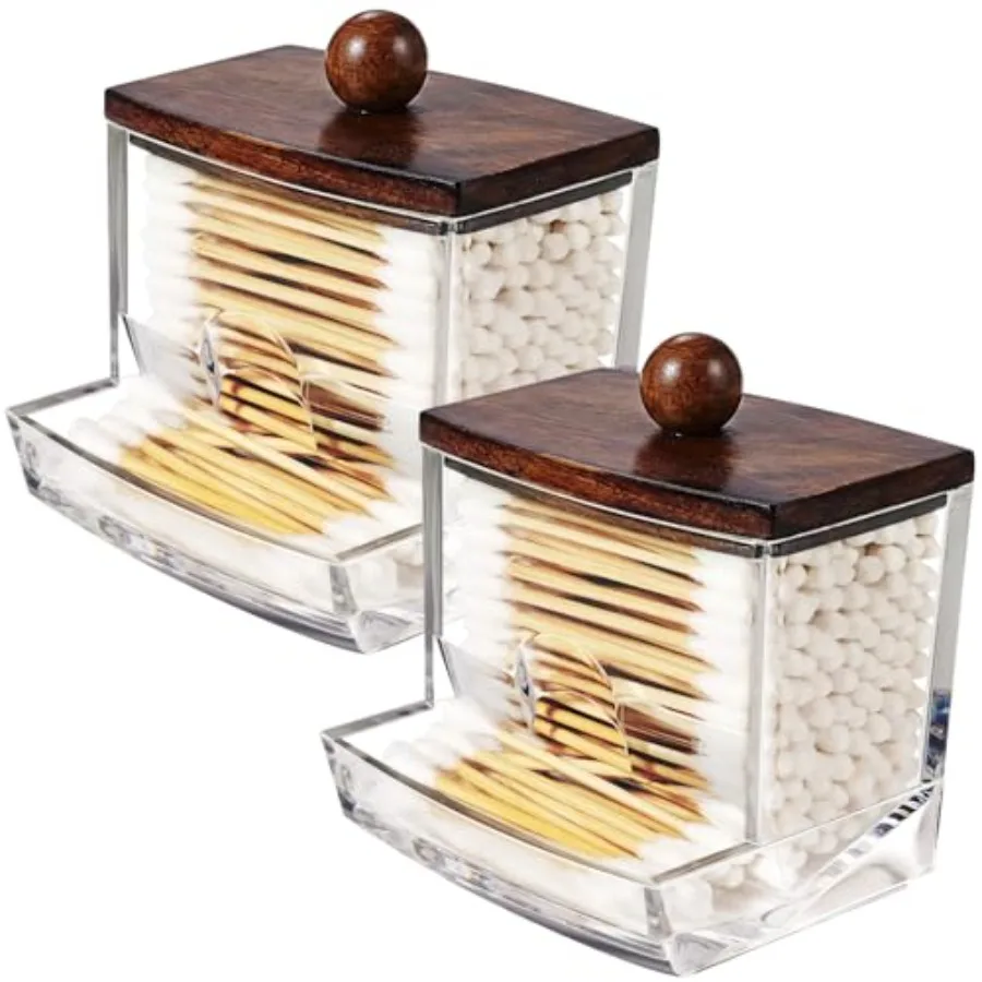 

10Oz Acrylic Qtip Holder Dispenser for Cotton Swab, Clear Plastic Containers Apothecary Jars, Wood Lid, Bathroom Accessories, V