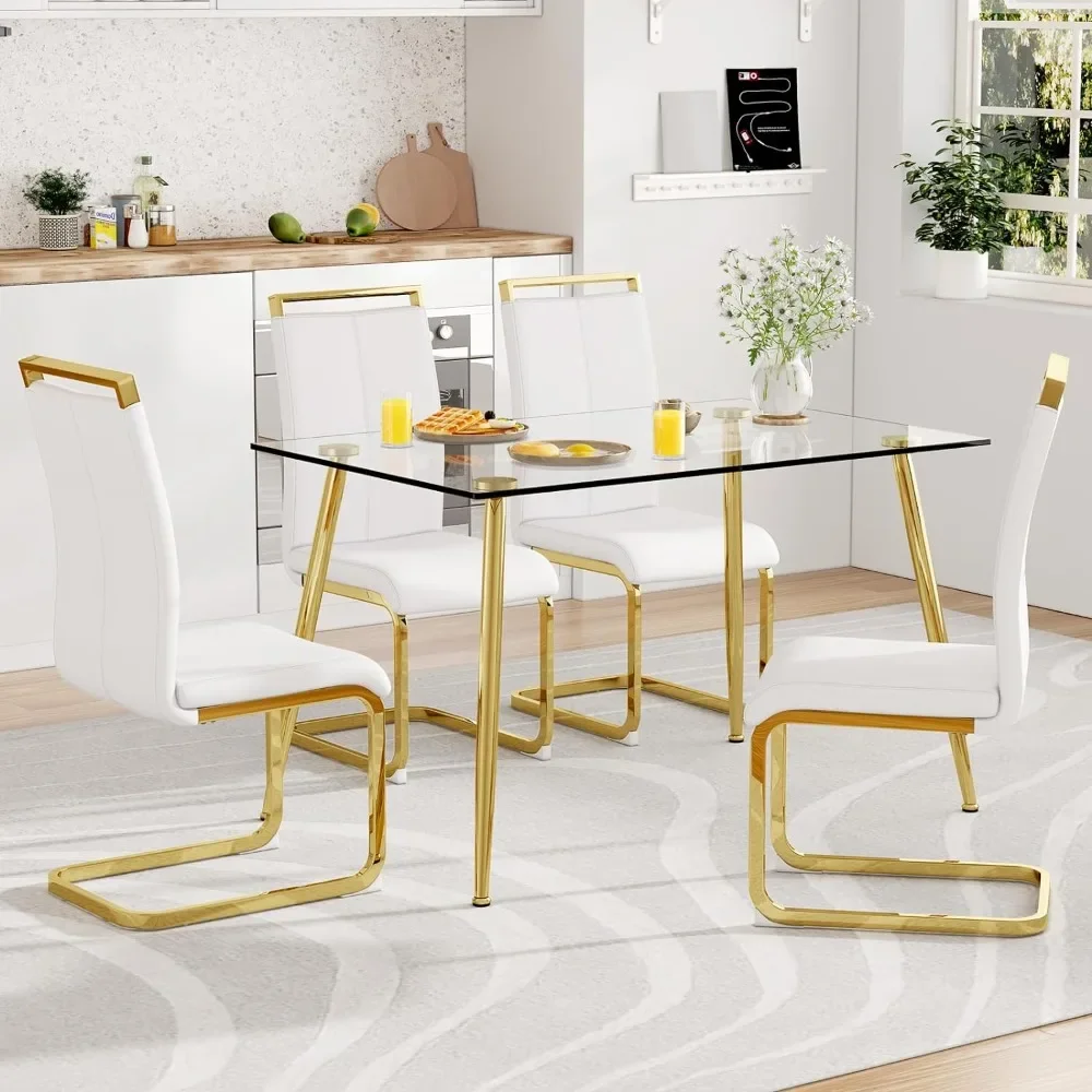 

5-piece set with 0.31 "tempered glass dining table, 4 white leather dining chairs, gold metal legs