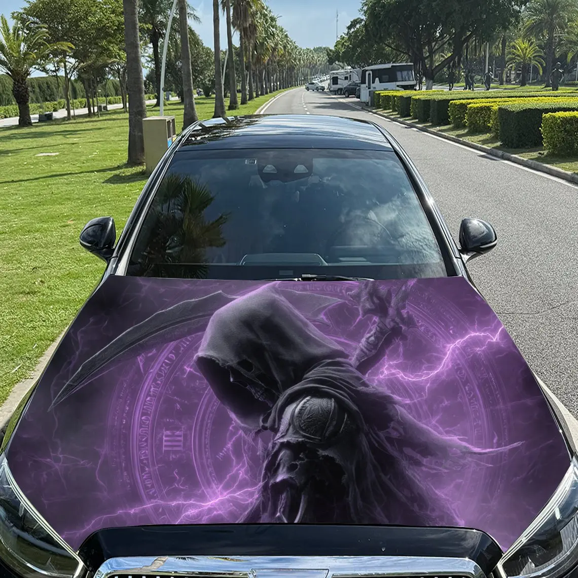 

Fantasy Purple-flame Grim Reaper Print car hood stickers, waterproof self-adhesive, scratch resistant, easy to stick, durable ca