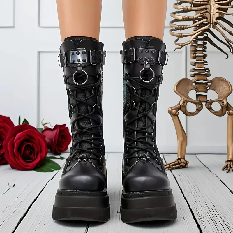 Women's Goth Style Platform Boots Trend Rivet Buckle Punk Wedges High Heels Womens Fashion Cosplay Gothic Boots Botas Para Mujer