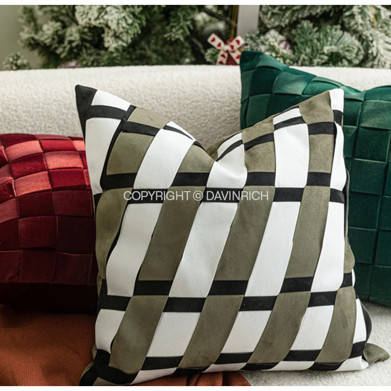 DAVINRICH Contemporary Flair Luxury Decorative Cushion Cover Olive Green White Black Geometrics Patchwork Pillow Case 45x45cm