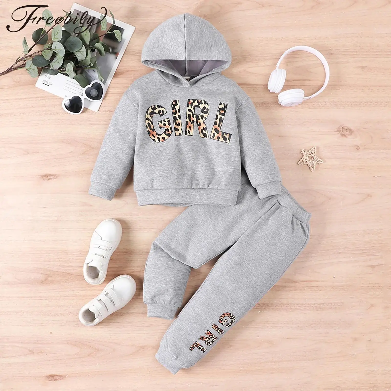 

Baby Girls Clothes Leopard Letter Print Hoodie Outfit Long Sleeve Hooded Sweatshirt with Sweatpants Kids Fall Winter Sports Set