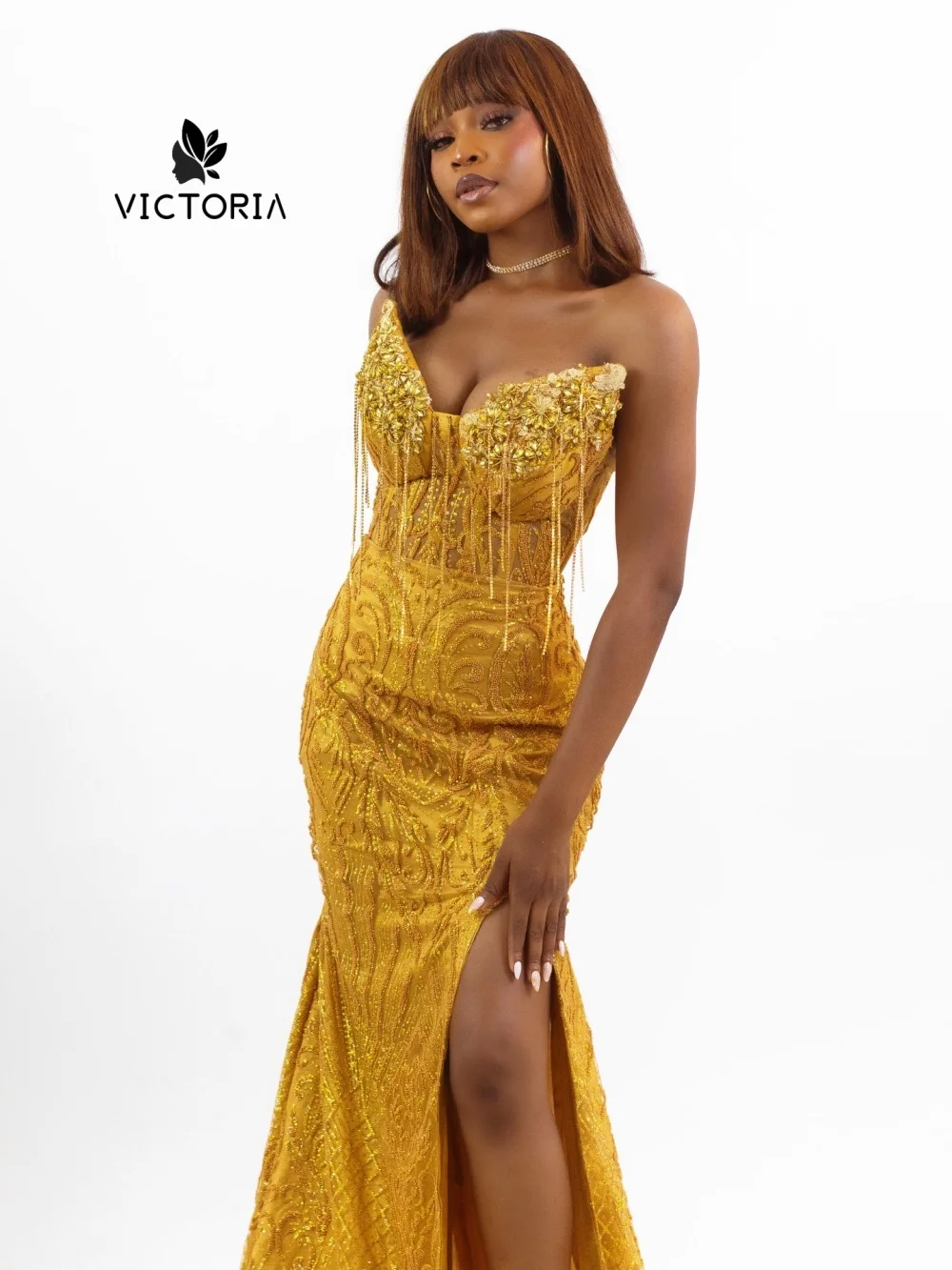 

Gold Strapless Beaded Tassel Mermaid Prom Dress See Through Corset Waist Formal Evening Gown Customized