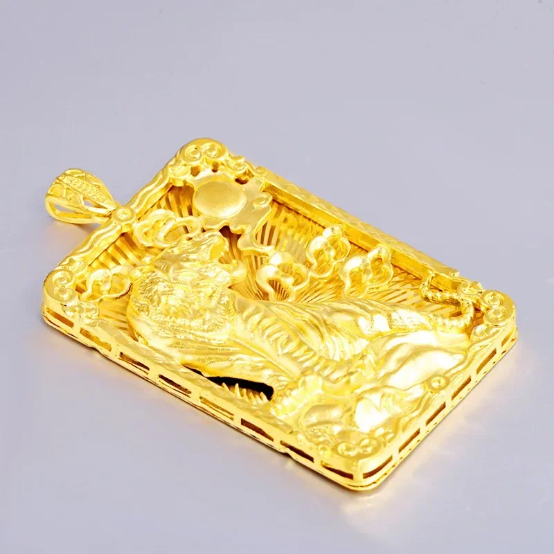 Real 18 K Gold Men\'s Square Tiger Pendant for Men Father Bro Pure Classic Wedding Gold Pendants Without Chain Fine Jewelry Gifts