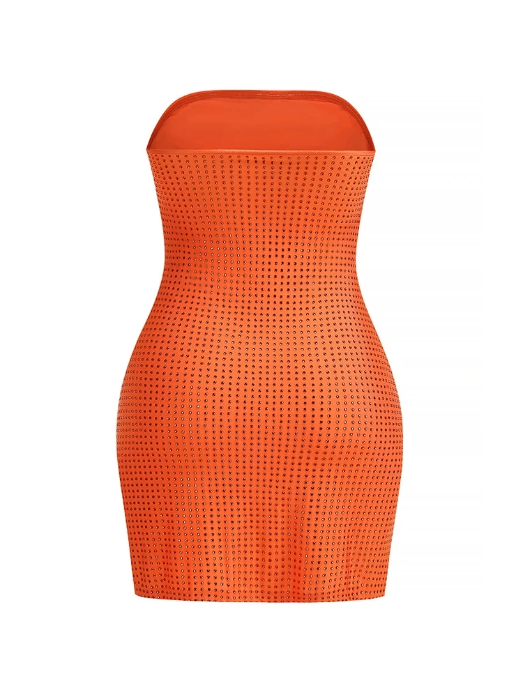 セクシーなストラップレス Sjiny ダイヤモンドミニドレス女性オレンジノースリーブバックレス折り目ラインストーンボディコンドレスイブニングパーティーカクテル