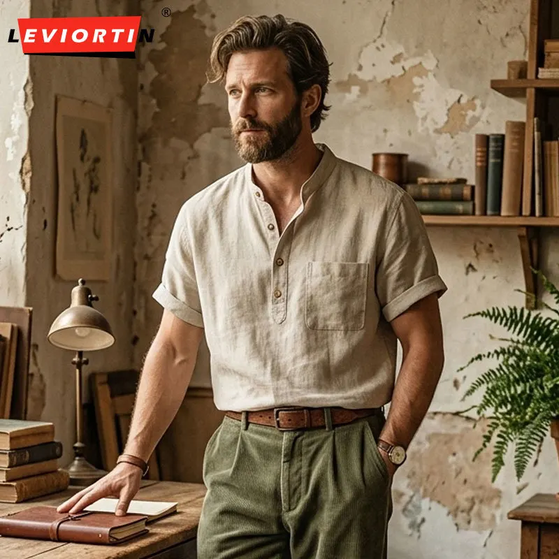 

Summer Short Sleeve Pullover Shirt Men Japanese Style Cotton Linen Breathable Comfortable Casual Loose Stand Up Collar Blouses