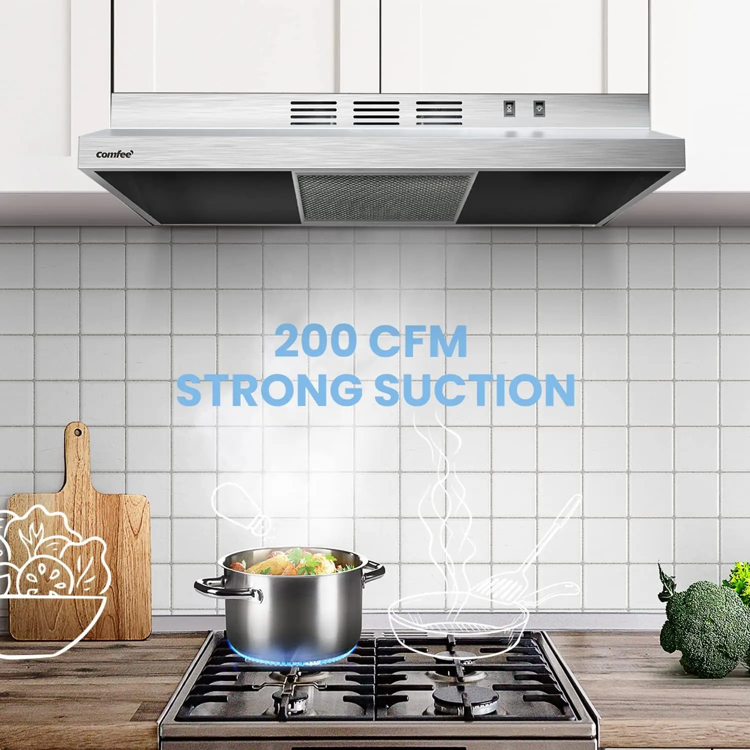 30 Inch Ducted Ductless Vent Durable Stainless Steel Kitchen Reusable Filter, 200 CFM