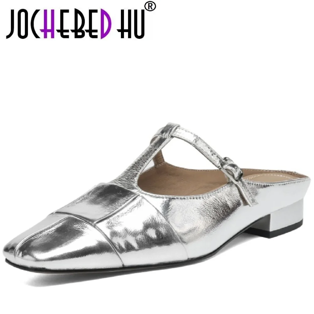 

【JOCHEBED HU】Женские туфли ручной работы из натуральной кожи на среднем каблуке с квадратным носком, индивидуальные маленькие туфли, яркие сандалии с Т-образным ремешком, 34-40