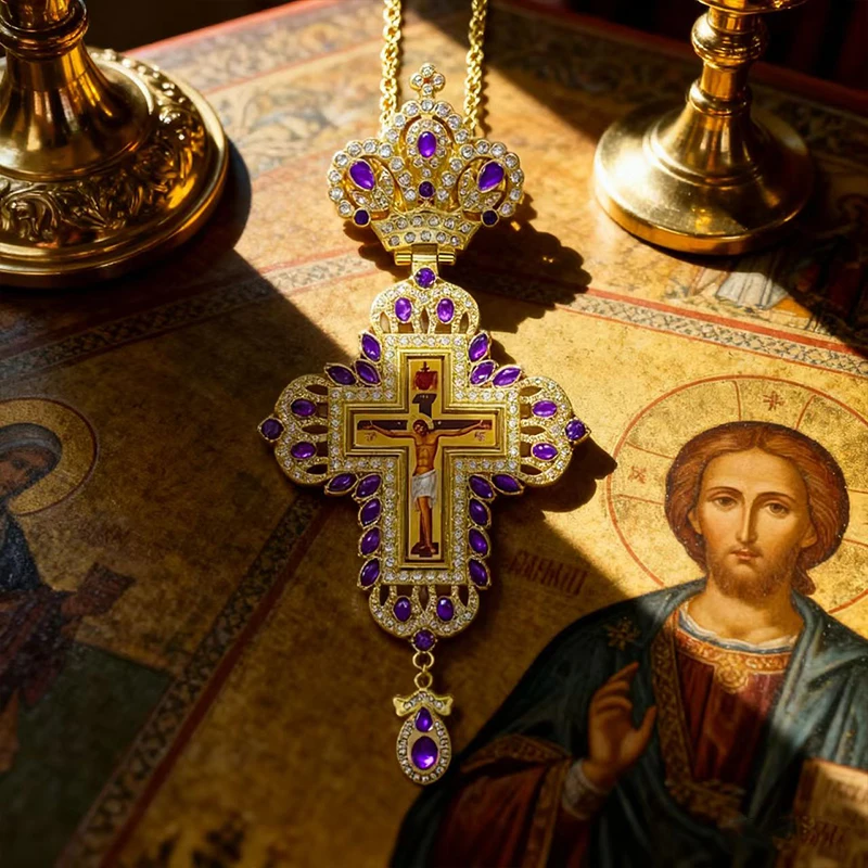 Luxuriöse Orthodoxe Brustkreuz-Halskette, Rote Kristallakzente mit Kruzifix-Ikone, Hochwertiger Liturgischer Schmuck für Kirchliche Sakramente – Detail 11