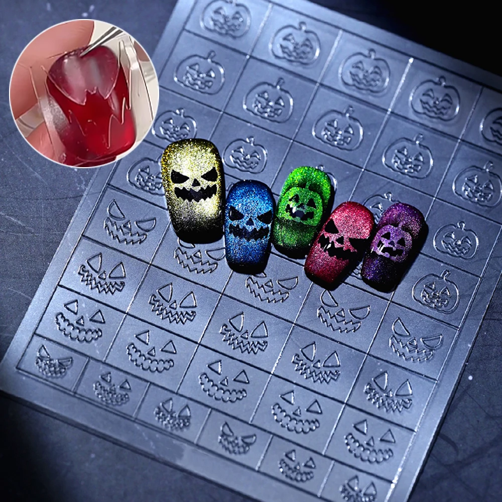 1pcs Halloween Pumpkin Spray Painted Nail Stickers 3D Hollow French Pumpkin Ghost Spider Web Bat Nail Decals Aid Patting Slider#