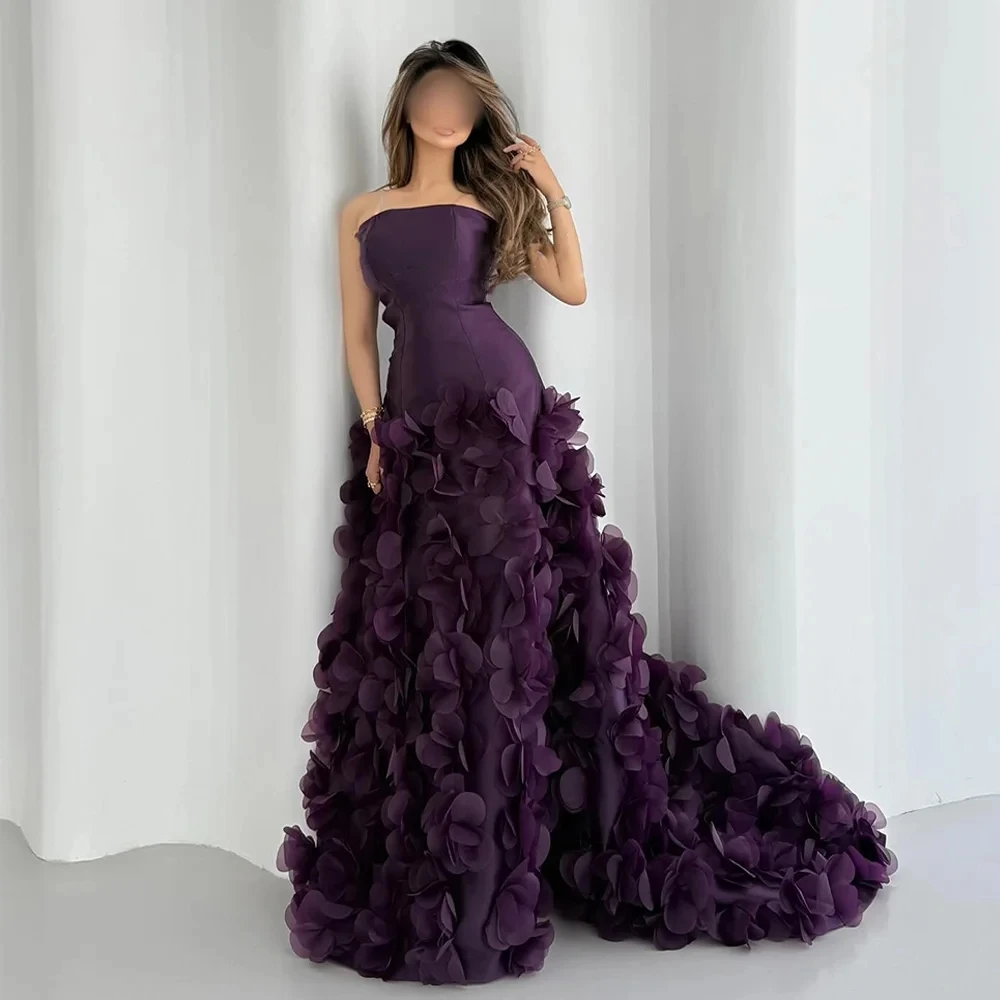Cswdocy Purple Strapless Evening Dress Women's 3D Flower Ruffle Long Dress Slimming FormalProm 2027 Party Dress Customization