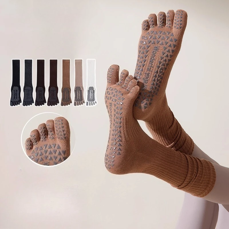 

Женские спортивные длинные носки, чулки, нескользящие носки для пилатеса и йоги с пятью пальцами, профессиональные носки для тренировок в помещении, тренажерного зала, фитнеса, напольные носки