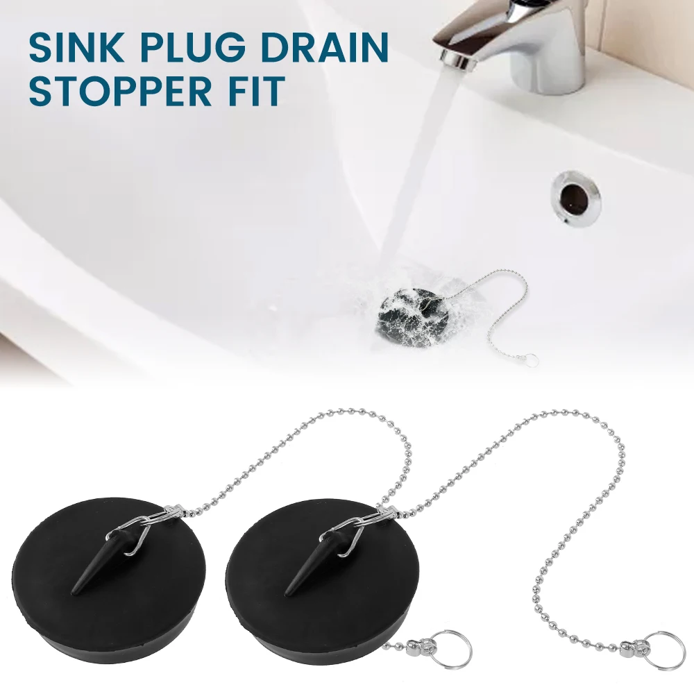 2pcs Sink Plug Universal Rubber Drain Stopper With Round Beaded Chain Bath Sink Drain Stopper Plug For Kitchen And Bathroom Fit