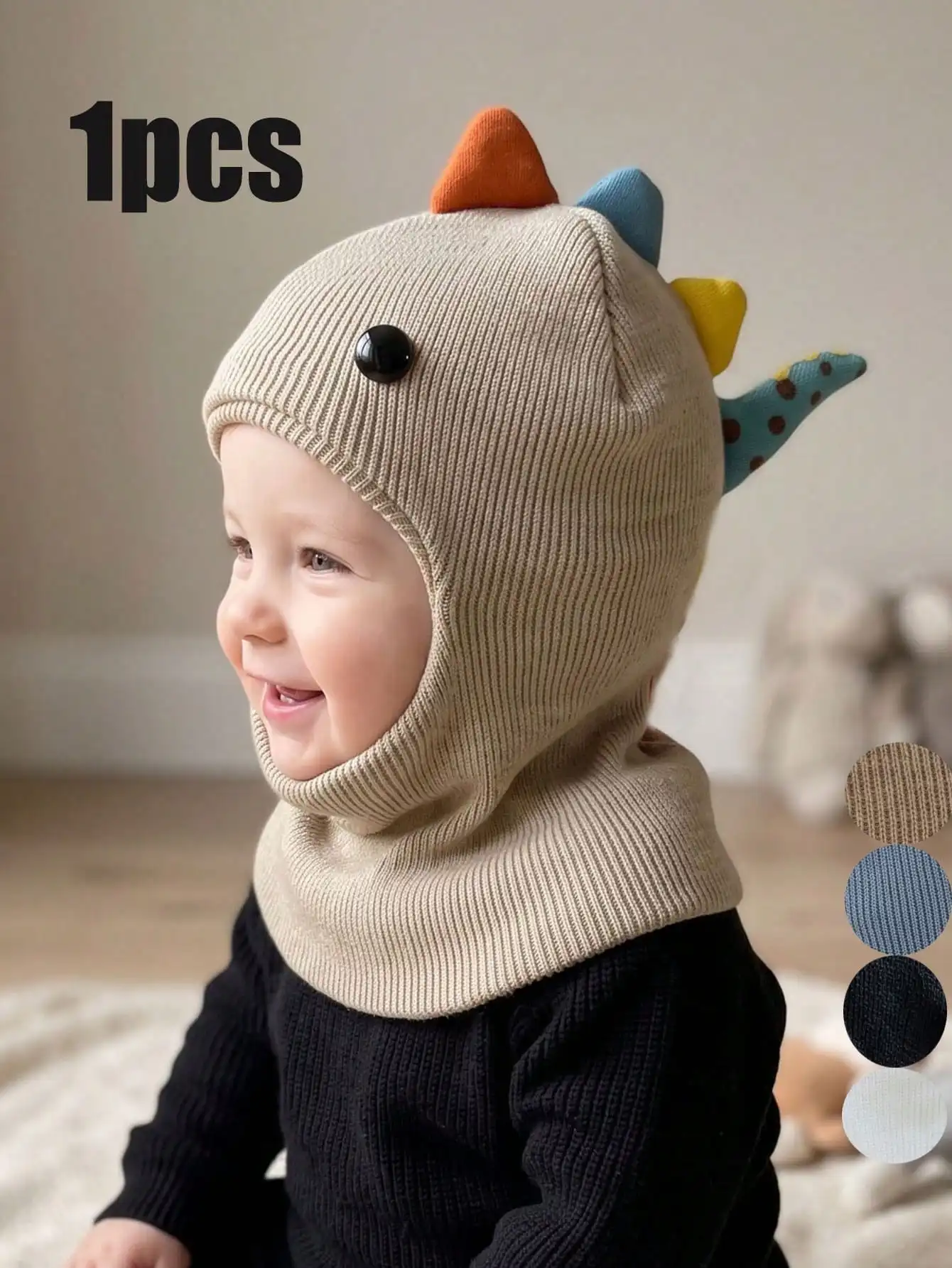 1Pc Boys Dinosaur Knit Balaclava Hat, Hat & Scarf Integrated Design, Cute Full‑Cover Headwear for Little Boys Daily Outfits