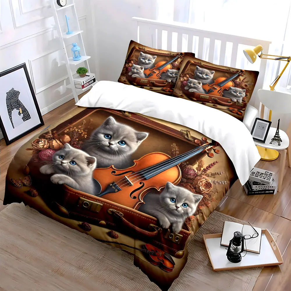 Elegant kittens with violin Pattern Duvet Cover Set Digital Print Colorful Polyester Bedding with Zipper Closur for kids gifts