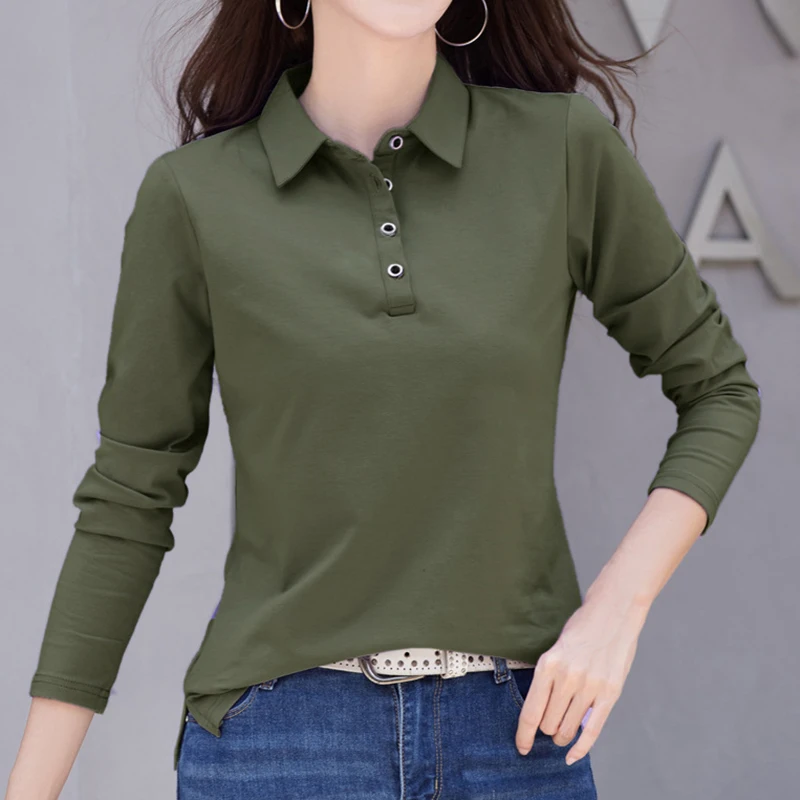 Camisetas Button Turn-Down Collar Cotton Long Sleeve T-Shirts Women T Shirt Autumn Korean Casual Woman Clothes Tee Shirt Femme