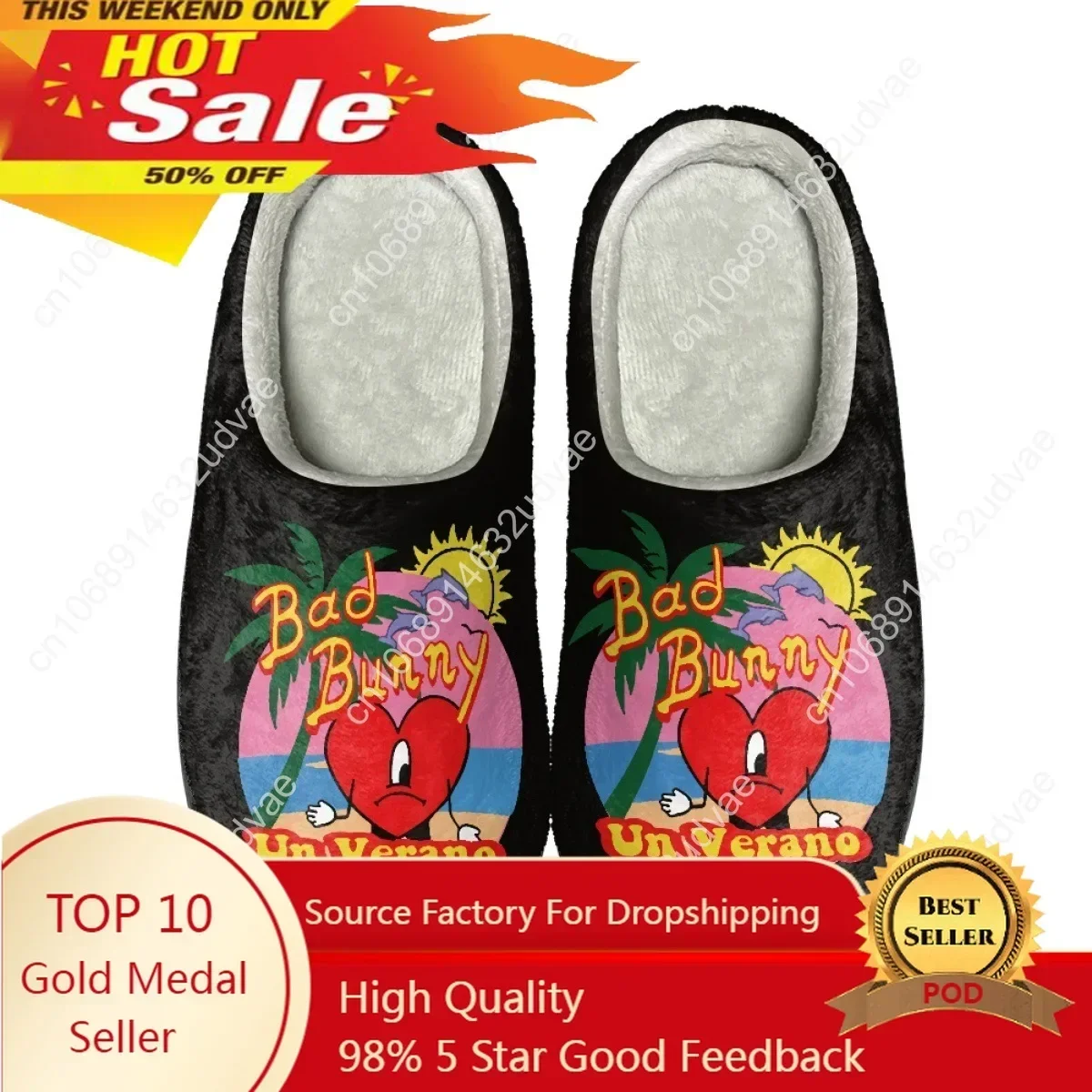 Bad Bunny UN VERANO SIN Print Design Home Cotton Custom Slippers Sandals Plush Casual Keep Warm Mens Womens Shoes Thermal Slippe