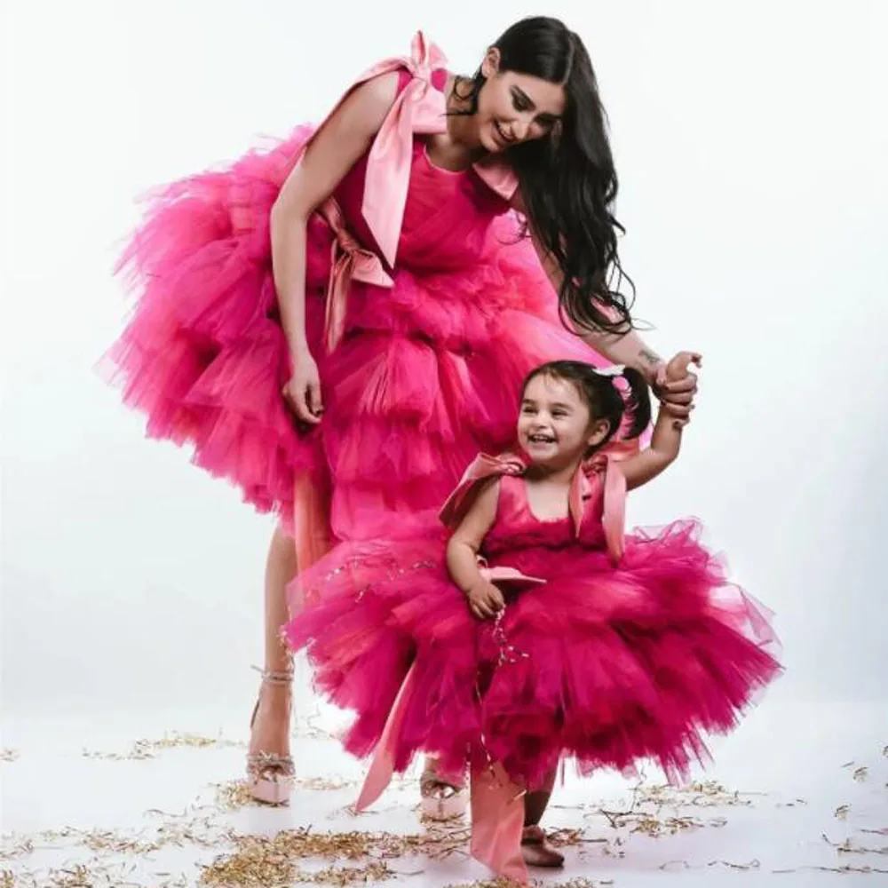 Tutu Mother And Daughter Birthday Dresses For Photo Shoot Above Knee Tiered Mom And Me Party Dress Matching Gowns With Bows