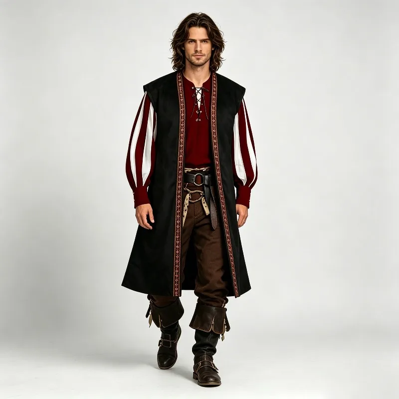 New Medieval Style Faux Suede Long Vest Halloween Pirate Retro Coat Stage Performance Outfit, Unique Style and Dramatic Feel.