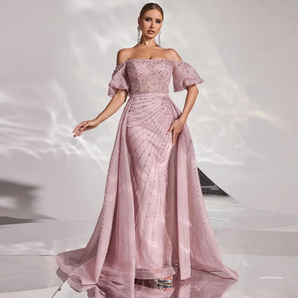 

Pink Customized Exquisite Mermaid Off the Shoulder Evening Dress High Quality Crystal Celebrity Gowns Sweep Train Prom Dress