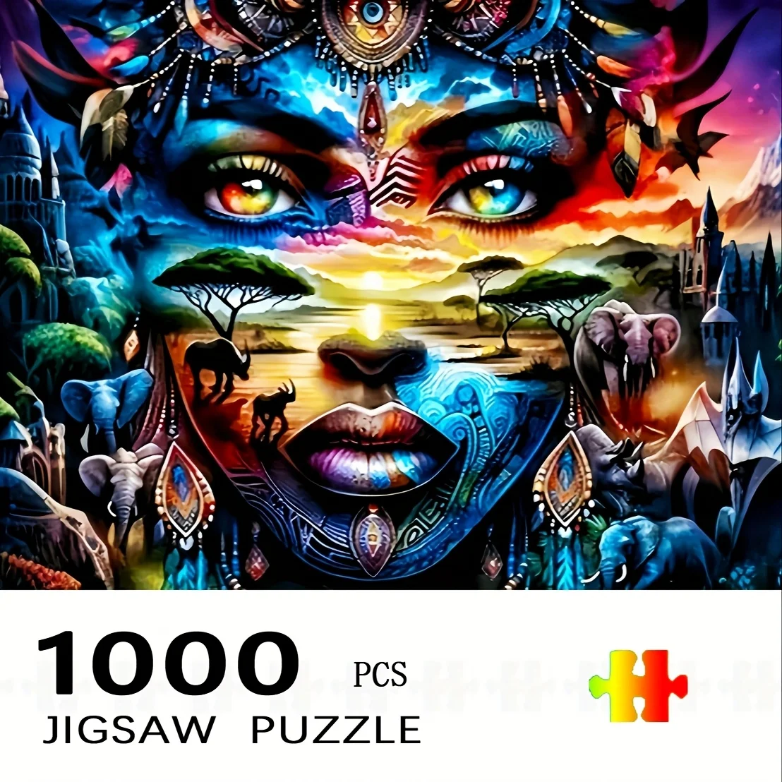 Home Decor Wall Art - 1000pcs Elephant African Wildlife Jigsaw Puzzle - with Woman Portrait, Large Puzzle for Adults & Familie