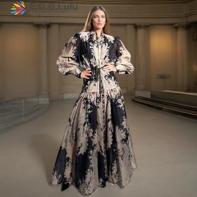 EDGLuLu Vacation Outfits Women 2024 Stand Collar Single Breasted Retro Floral Long Dress+Strap Dress Suit Two Piece Set 1220