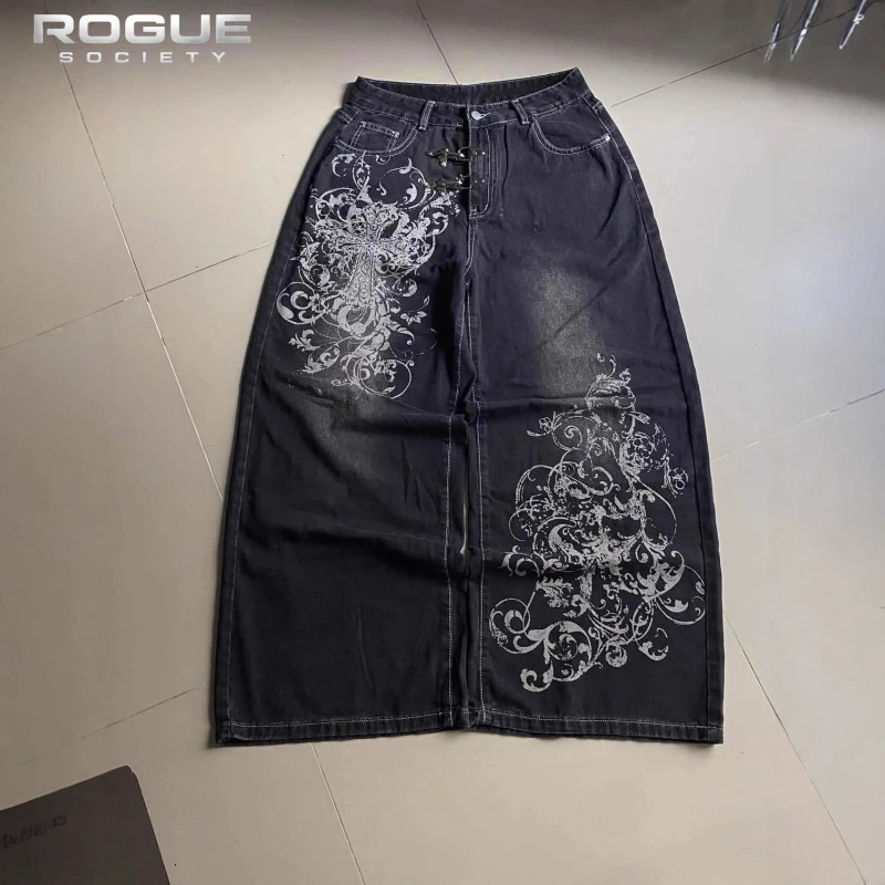 Summer Y2K Vintage Cross Print Denim Pants Men Gothic Wide Leg Baggy Straight Harajuku Trousers Grunge Streetwear Jeans Unisex