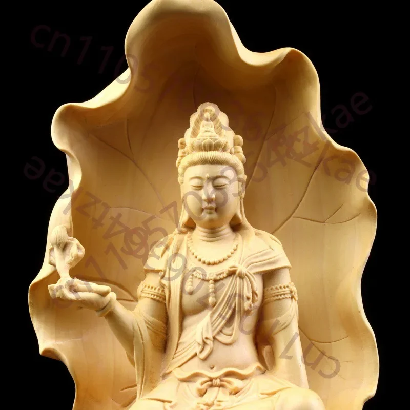 Hand Carved Wooden Sitting Avalokiteshvara Guan Yin Bodhisattva Statue - Figurine Ornament Lotus Base Home Altar Temple Decor