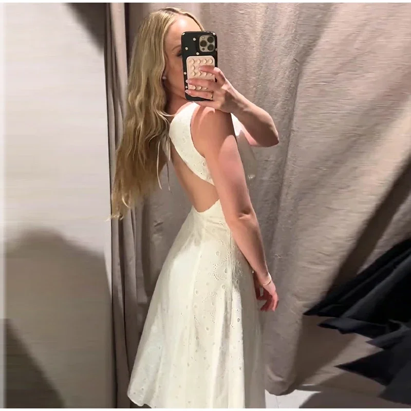 Spitzenkleid mit Rückenausschnitt und Taillenbund, langes, sexy Damenkleid mit O-Ausschnitt, ärmellos, Schnürung, figurbetont, charmantes Alltagskleid, Vestido – Detail 11