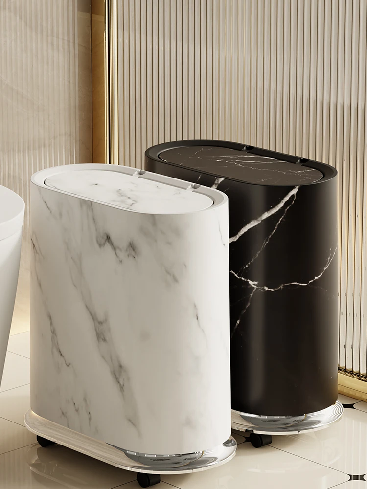 

Squeezable Kitchen Bathroom Toilet Paper Trash Can with Lid New Home Model Wheel Mounted Narrow Paper Basket