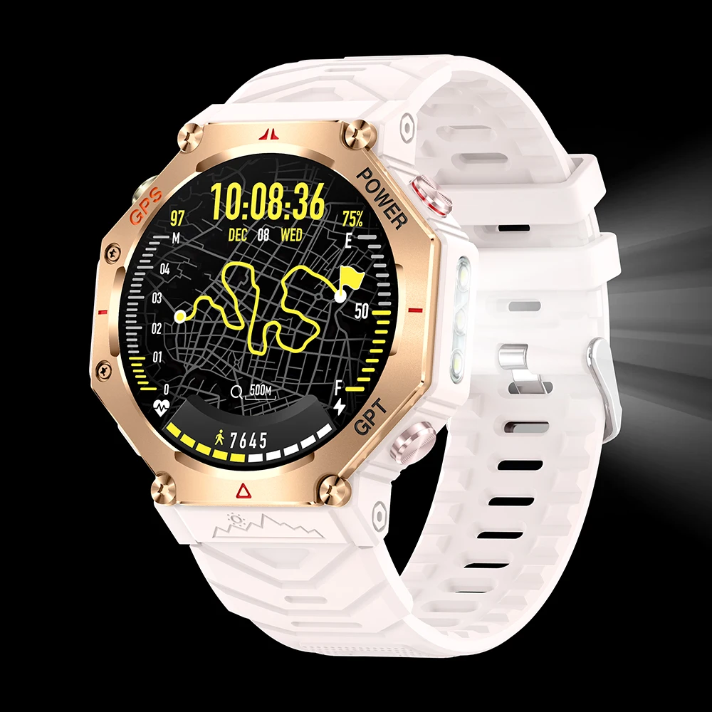 TJXL-TKYUAN KC91 ساعة ذكية رياضية مستديرة GPS 2025 مع مصباح يدوي شاشة 1.39 بوصة 30 متر مقاومة للماء GhatGPT Relojes ساعة ذكية لـ